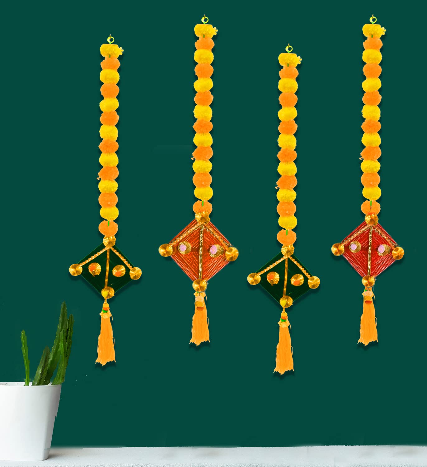 Artificial Marigold Fluffy Flowers with Handmade Woolen Kite Shape Wall Door Hanging Latkans for Diwali, Wedding, Home Decoration (6 Pcs)