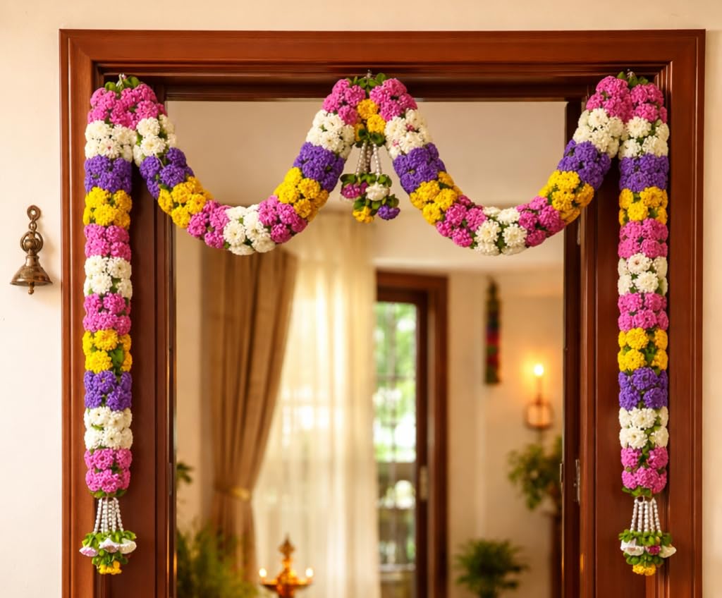 Cream & Pink Hanging Artificial Flower Toran for Main Door Entrance, Reusable Thoran for Pooja Mandir, Living Room & Home Décor, Bandarwal for Festival Decoration (56x33 inch)