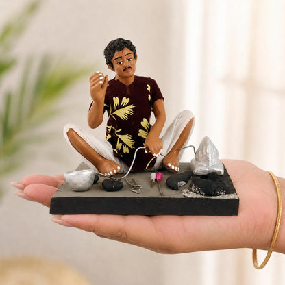 Niharika Collections Krishnanagar Handmade Clay Gift & Décor | Prime- Sitting Human Figure Miniature Idol - Blacksmith