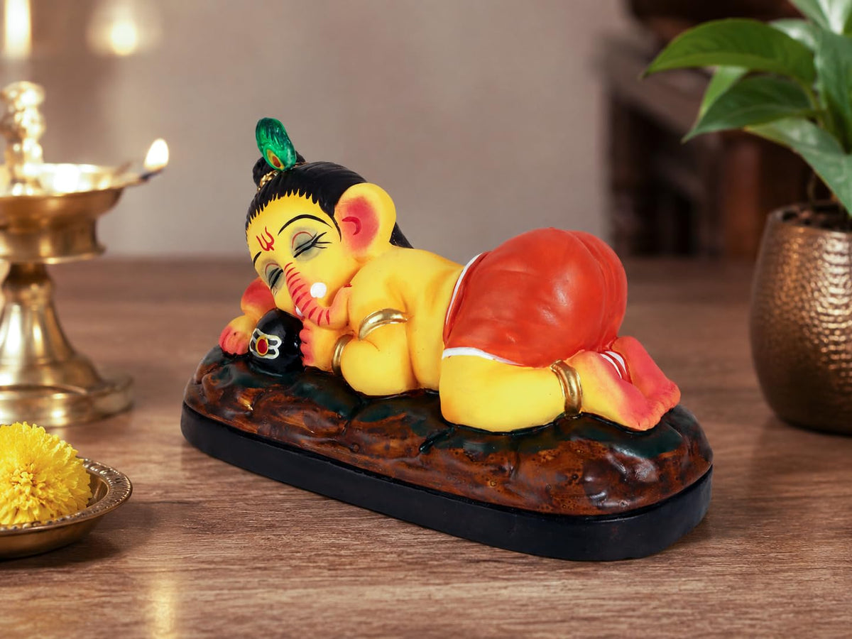 Niharika Collections Handmade Terracotta Sleeping Ganesha Idol Hugging Shivling | Eco-Friendly Clay Idol for Home Decor, Puja & Gift | Traditional Indian Art Figurine