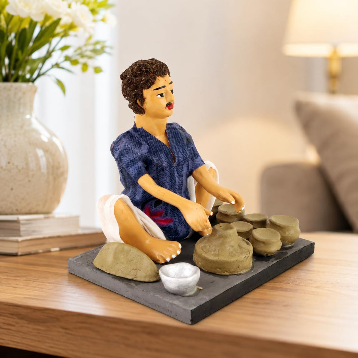 Niharika Collections Krishnanagar Handmade Terracotta Clay Man Potter Miniature Idol | Basic Sitting Figure | Home Decor, Golu Display and Gifting