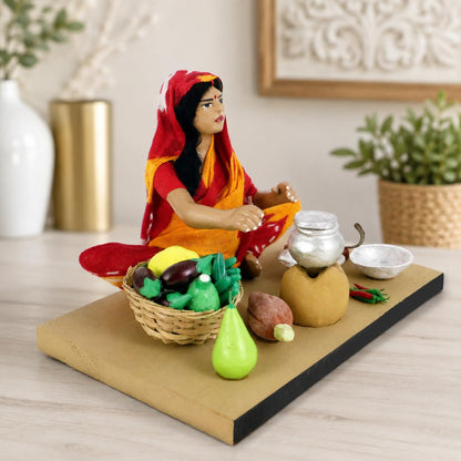 Niharika Collections Krishnanagar Handmade Terracotta Clay Idol, Mother Cooking Figurine, Sitting Human Figure Miniature, Traditional Indian Art Home Décor, Golu Display & Gifting, 15 x 10 x 10 cm