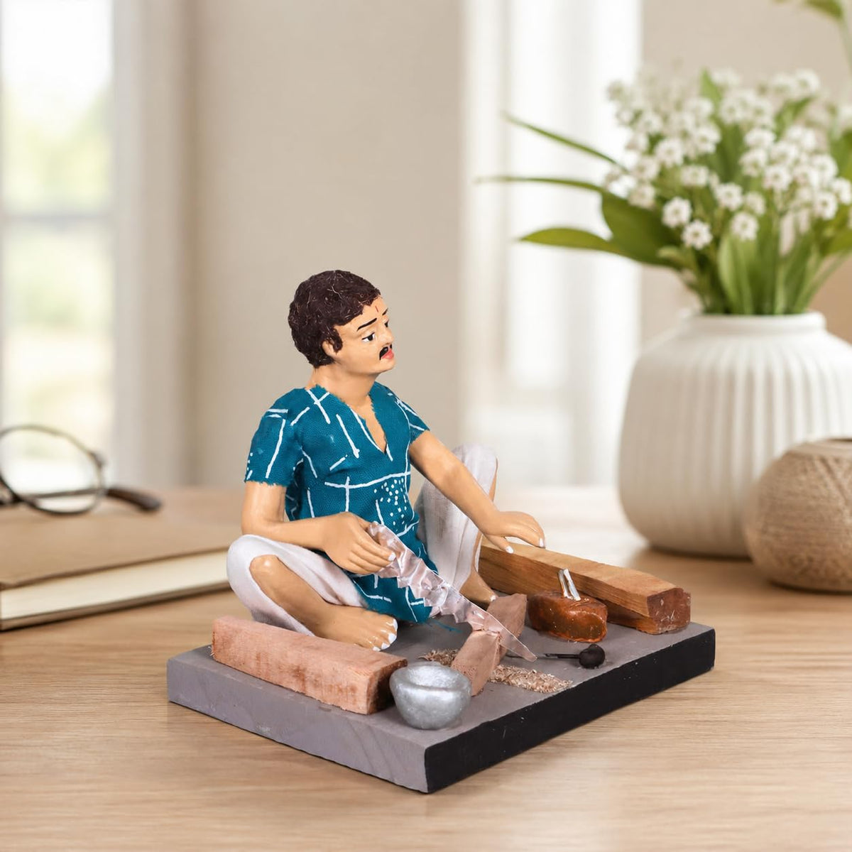 Niharika Collections Krishnanagar Handmade Clay Gift & Décor | Basic- Sitting Human Figure Miniature Idol - Carpenter