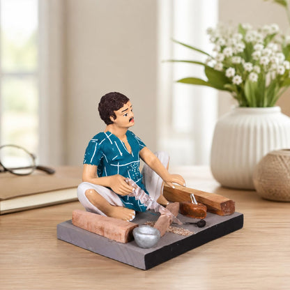 Niharika Collections Krishnanagar Handmade Clay Gift & Décor | Basic- Sitting Human Figure Miniature Idol - Carpenter
