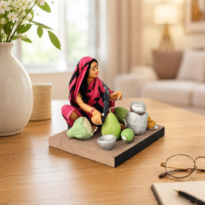 Niharika Collections Krishnanagar Handmade Terracotta Clay | Basic- Sitting Human Figure Miniature Idol - Mother's Hand Cooking | Home Decor, Golu Display and Gifting