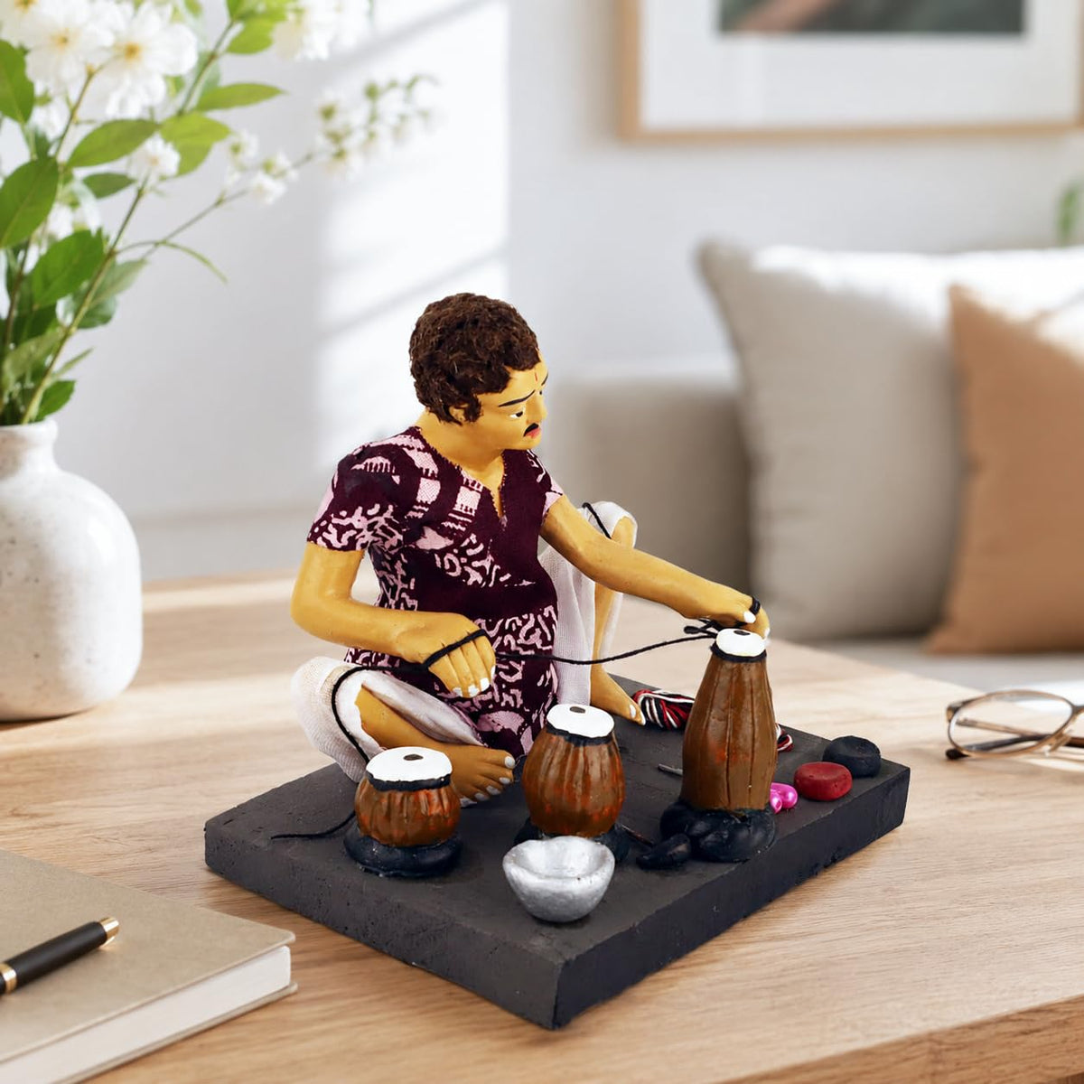 Niharika Collections Krishnanagar Handmade Clay Gift & Décor | Prime- Sitting Human Figure Miniature Idol - Musical Instruments Maker, 17 x 14 Cm, Multicolour