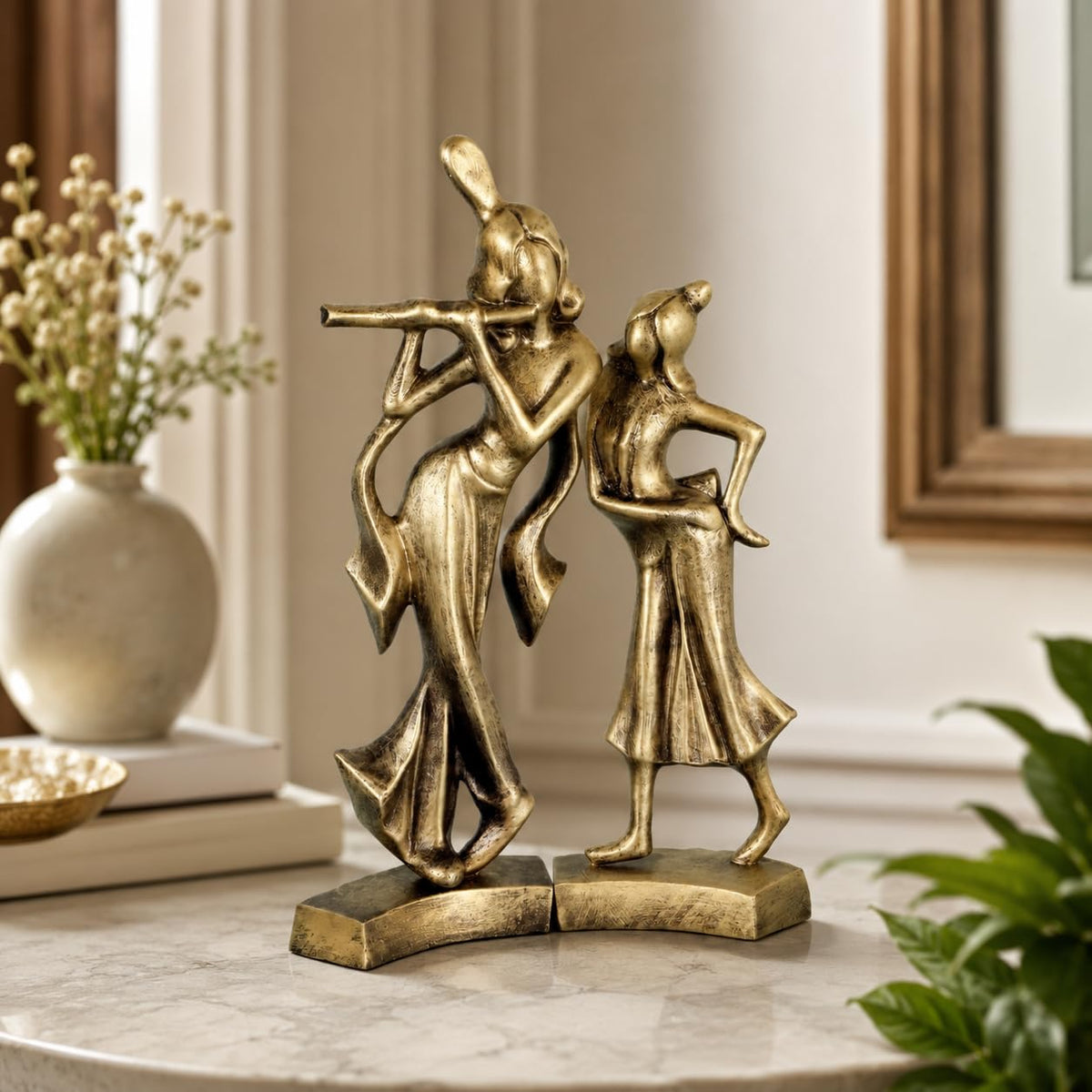 Niharika Collections Handmade Clay Terracotta Abstract Sculpture | Home Décor & Gift | Spiritual & Cultural Art | Radha Krishna Idol (Golden Color, Set of 2)