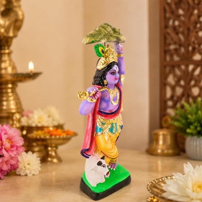 Niharika Collections Krishna Lifting Govardhan Parbat Idol | Spiritual & Cultural Clay Art | Handmade Terracotta Sculpture