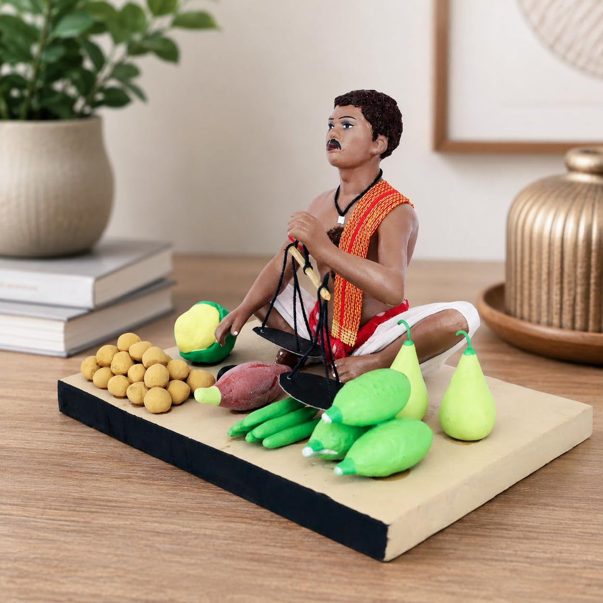 Niharika Collections Krishnanagar Handmade Terracotta Clay Idol, Vegetable Seller Figurine, Sitting Human Figure Miniature, Traditional Indian Art Home Décor, Golu Display & Gifting, 15 x 10 x 10 cm
