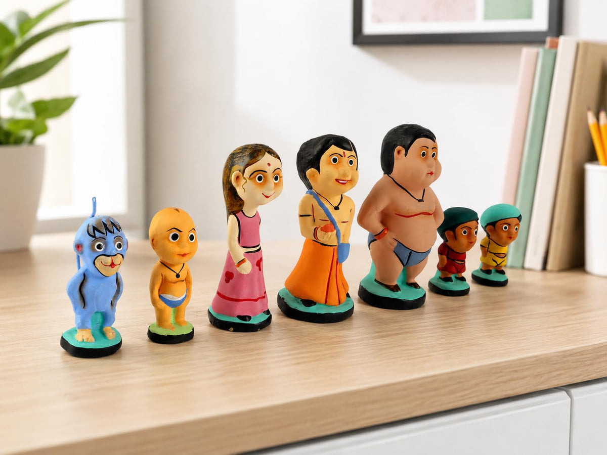 Niharika Collections Handmade Clay Terracotta Idols | Chhota Bheem Group of Dholakpur | Gift & Décor