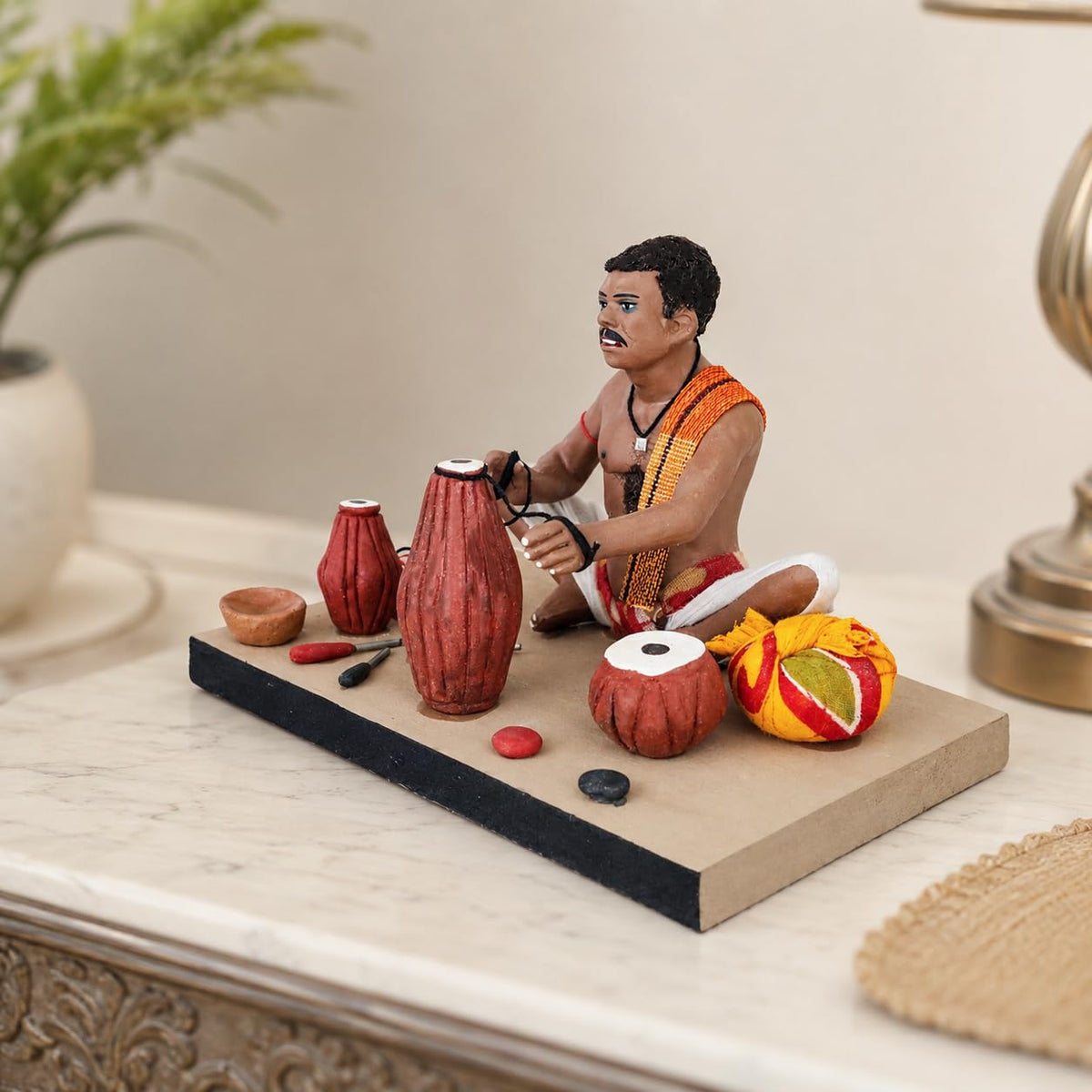 Niharika Krishnanagar Handmade Clay Idol, Musical Instruments Maker Figurine, Hand-Painted Sitting Human Figure Miniature, Indian Art Home Décor Gift for Tabletop, Shelf & Showcase, 18 x 15 x 12 cm