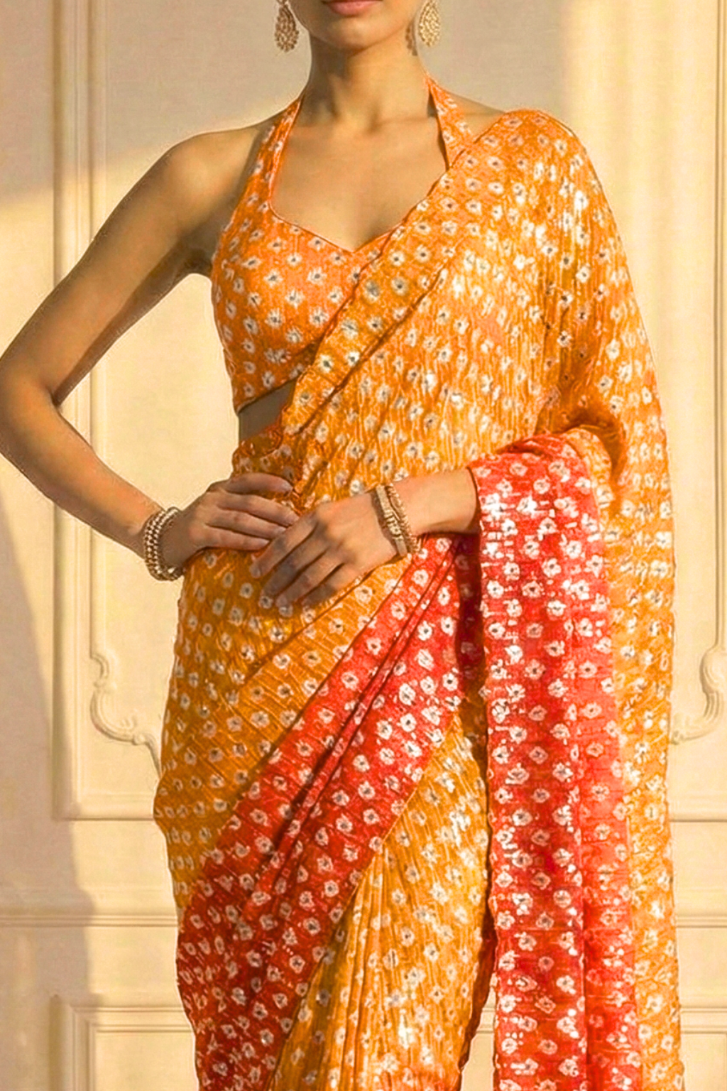 Dhiyona ST Sunset Orange and Yellow Ombre' Knitted Printed Sequin Saree with Blouse Fabric