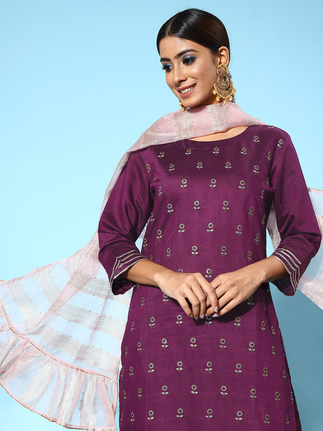 Floral Embroidered Regular Sequinned Pure Cotton Kurta with Trousers & Dupatta