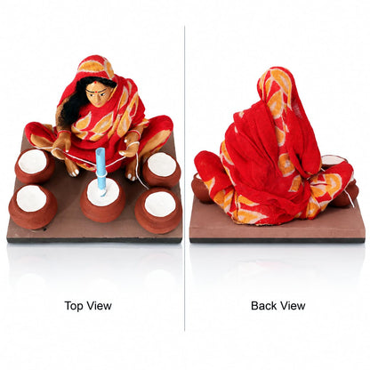 Niharika Collections Krishnanagar Handmade Terracotta Clay | Basic- Sitting Figure Miniature Idol - Butter-Churning Woman | Home Decor, Golu Display and Gifting