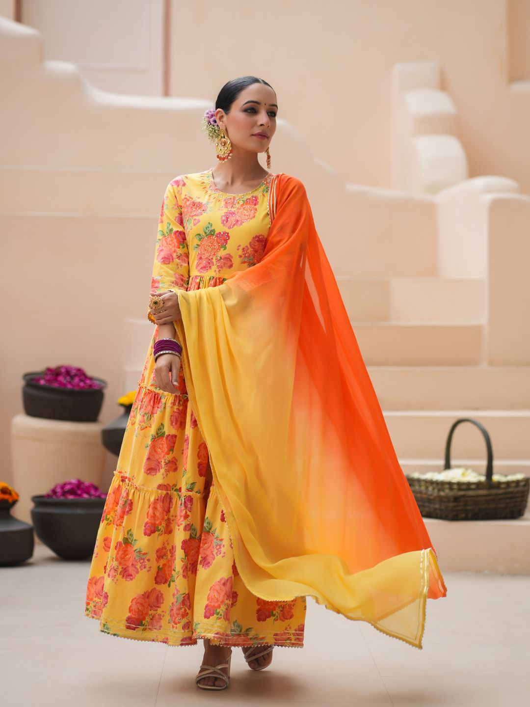 Dhiyona RR Women's Floral Printed Sequinned Pure Cotton Anarkali Kurta with Trousers & Dupatta