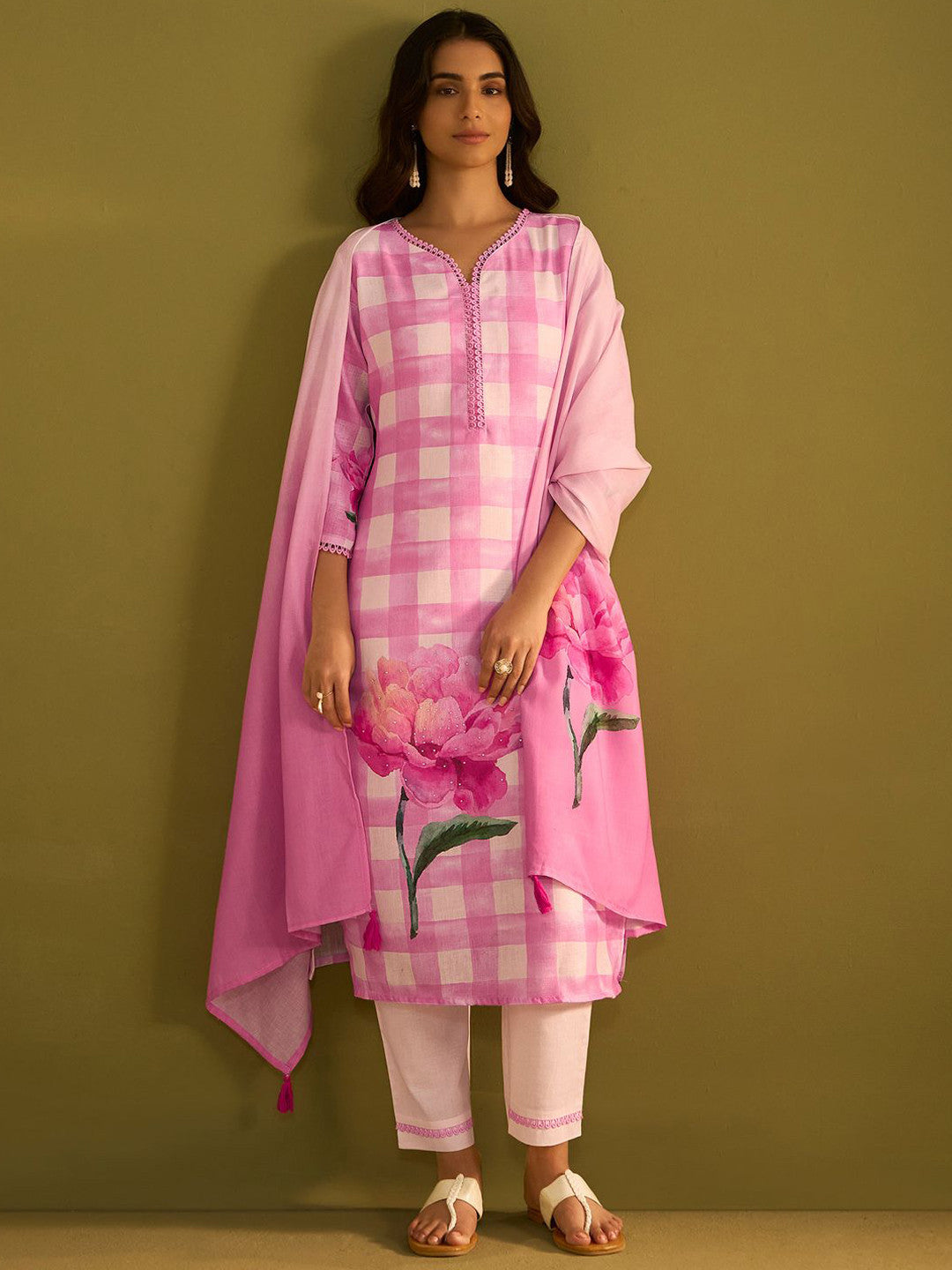 Checked V-Neck Linen Straight Kurta With Trousers & Dupatta