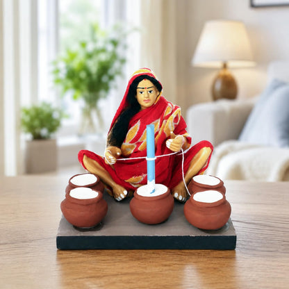 Niharika Collections Krishnanagar Handmade Terracotta Clay | Basic- Sitting Figure Miniature Idol - Butter-Churning Woman | Home Decor, Golu Display and Gifting