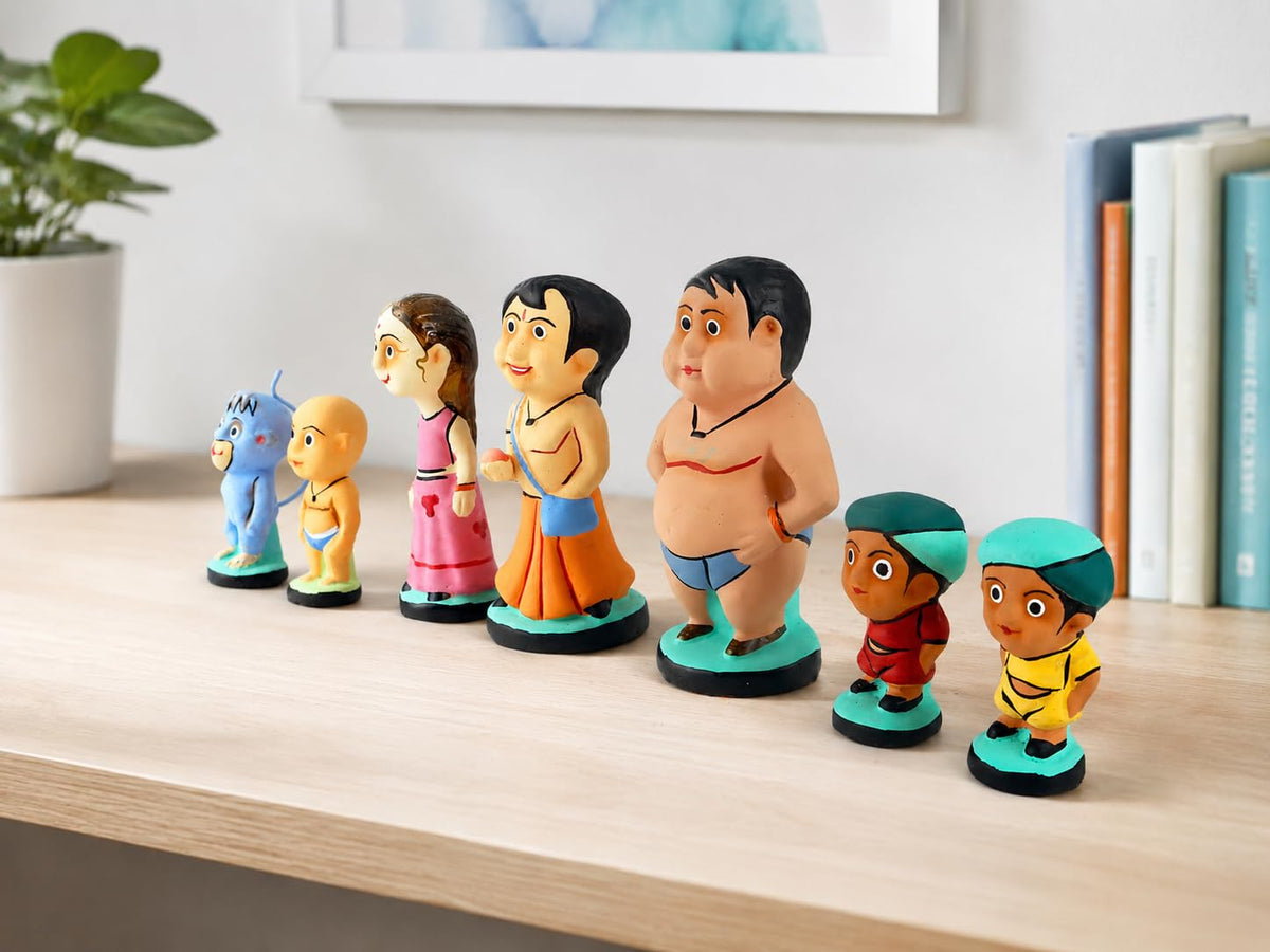 Niharika Collections Handmade Clay Terracotta Idols | Chhota Bheem Group of Dholakpur | Gift & Décor
