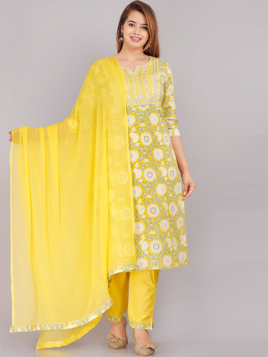 Dhiyona KL Women Yellow Floral Printed Pure Cotton Kurta with Trousers & Dupatta