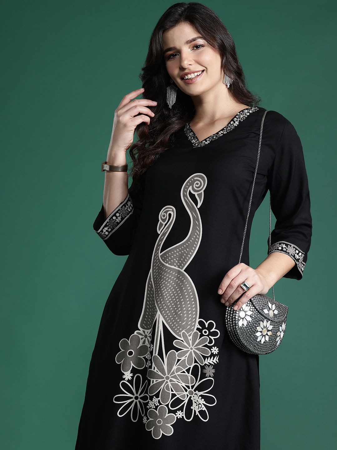 Dhiyona IE Printed Beads and Stones Detail Kurta with Trousers