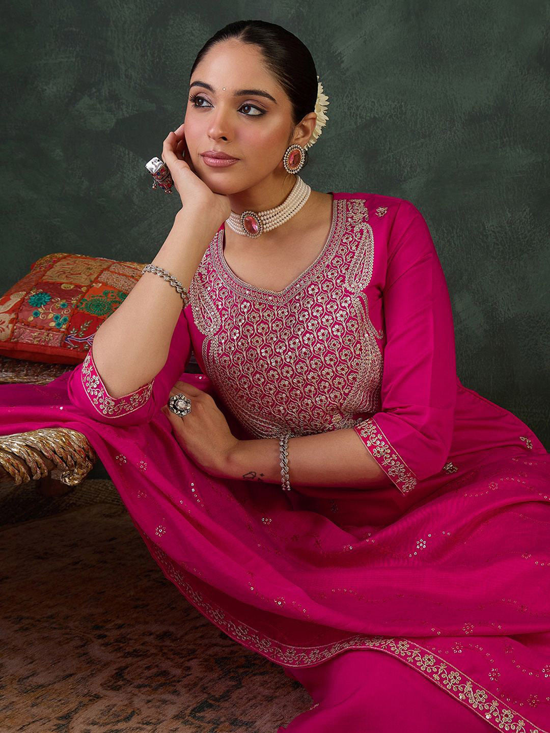 Women Embroidered Regular Sequinned Kurta Set