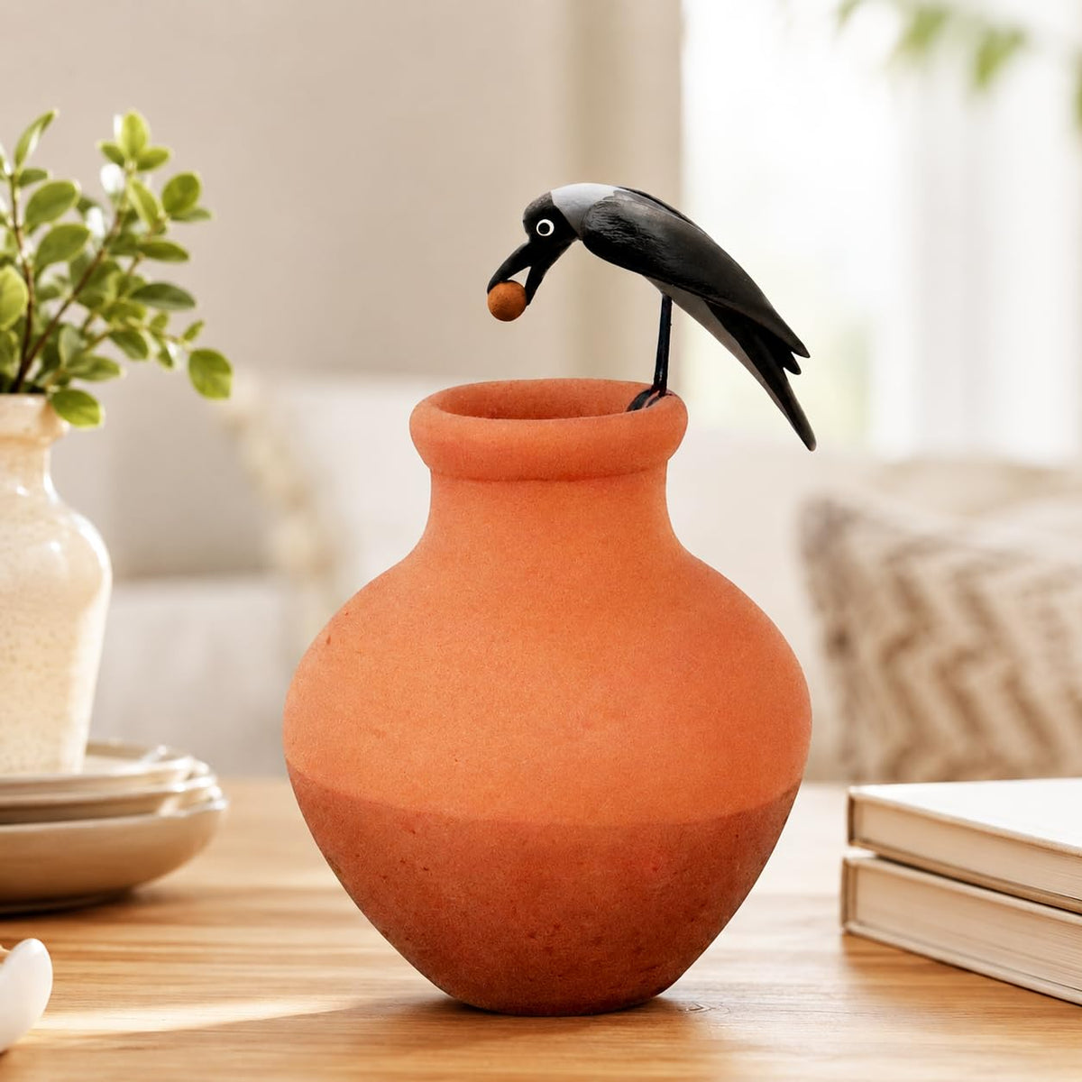 Niharika Collections Traditional Krishnanagar Handmade Clay Thirsty Crow Miniature Figurine | Terracotta Home Decor, Office Desk & Car Dashboard Showpiece
