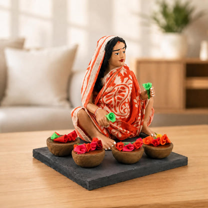 Niharika Collections Krishnanagar Handmade Clay Gift & Décor | Basic- Sitting Human Figure Miniature Idol - Flower Seller