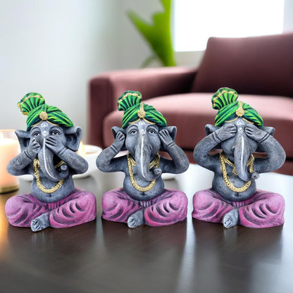 Niharika Collections Handmade Terracotta Ganesha Idol Set of 3 | Meditative Ganesha Figurines with Covered Eyes, Ears & Mouth | Clay Ganesh Murti for Home Temple, Meditation | Green-Purple