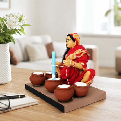 Niharika Collections Krishnanagar Handmade Terracotta Clay | Basic- Sitting Figure Miniature Idol - Butter-Churning Woman | Home Decor, Golu Display and Gifting