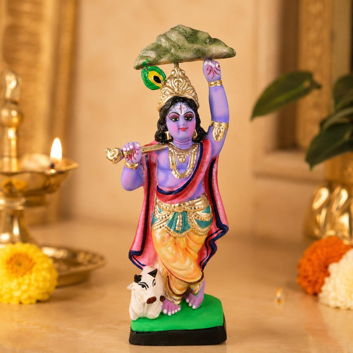 Niharika Collections Krishna Lifting Govardhan Parbat Idol | Spiritual & Cultural Clay Art | Handmade Terracotta Sculpture