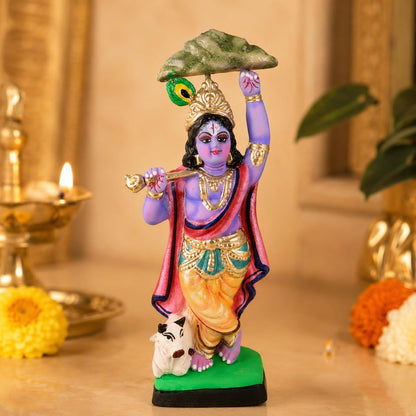Niharika Collections Krishna Lifting Govardhan Parbat Idol | Spiritual & Cultural Clay Art | Handmade Terracotta Sculpture