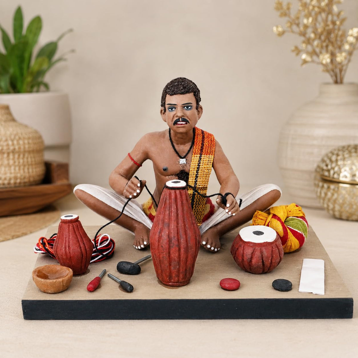 Niharika Krishnanagar Handmade Clay Idol, Musical Instruments Maker Figurine, Hand-Painted Sitting Human Figure Miniature, Indian Art Home Décor Gift for Tabletop, Shelf & Showcase, 18 x 15 x 12 cm