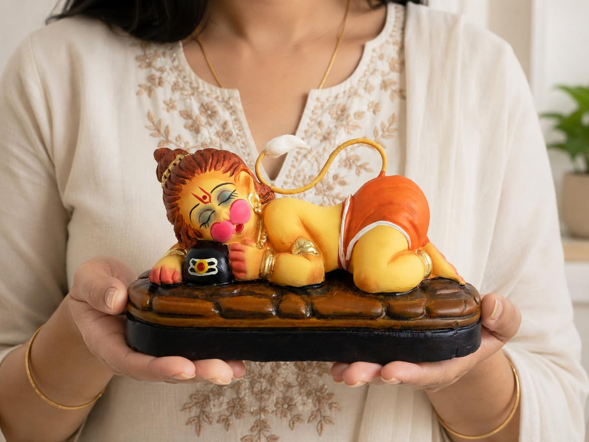 Niharika Collections Handmade Terracotta Sleeping Bal Hanuman Idol Hugging Shivling | Eco-Friendly Clay Idol for Home Decor, Puja & Gift | Traditional Indian Art Figurine