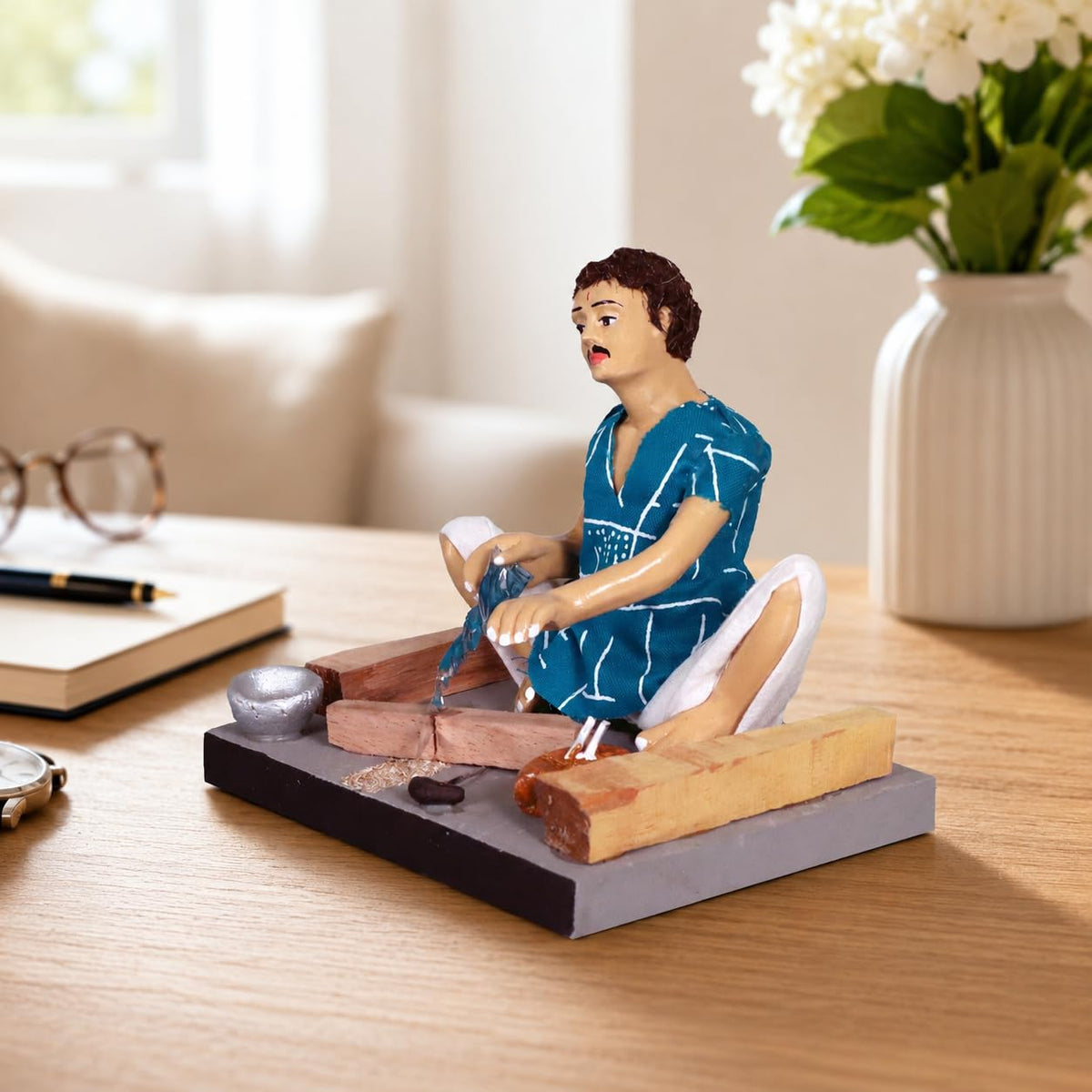 Niharika Collections Krishnanagar Handmade Clay Gift & Décor | Basic- Sitting Human Figure Miniature Idol - Carpenter