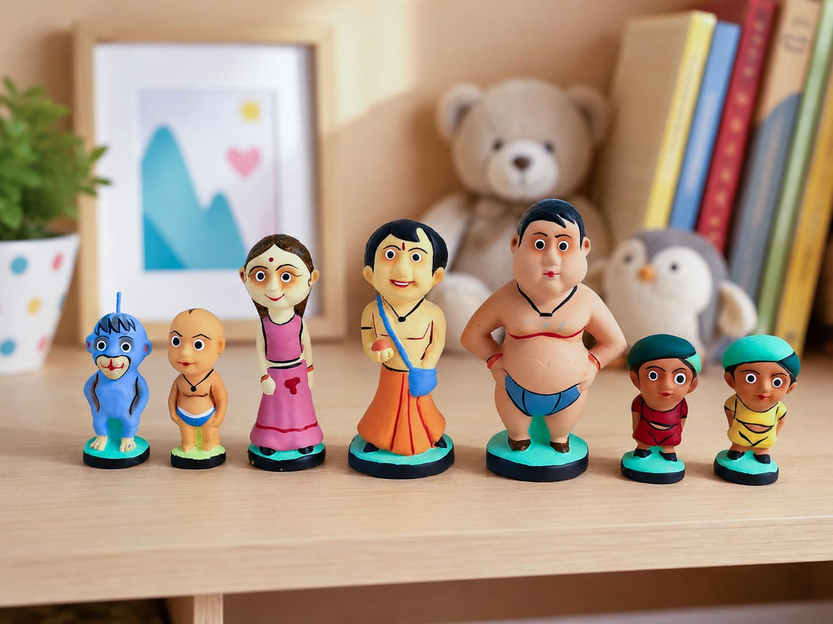 Niharika Collections Handmade Clay Terracotta Idols | Chhota Bheem Group of Dholakpur | Gift & Décor