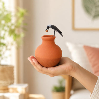 Niharika Collections Traditional Krishnanagar Handmade Clay Thirsty Crow Miniature Figurine | Terracotta Home Decor, Office Desk & Car Dashboard Showpiece