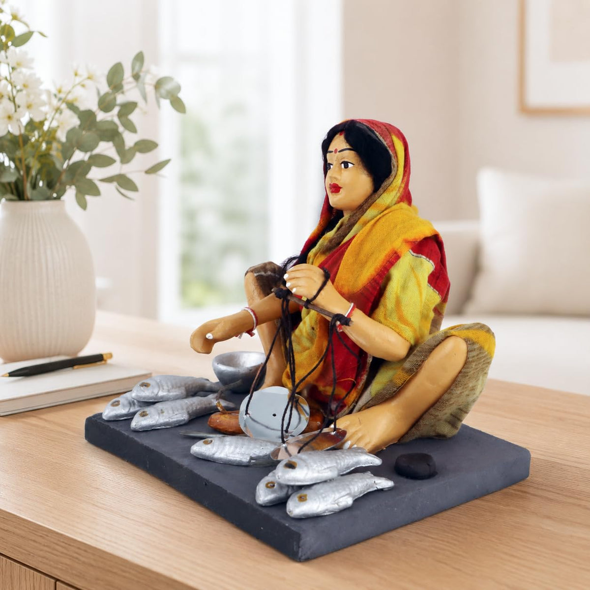 Niharika Collections Krishnanagar Handmade Clay Gift & Décor | Basic- Sitting Human Figure Miniature Idol - Fish Seller