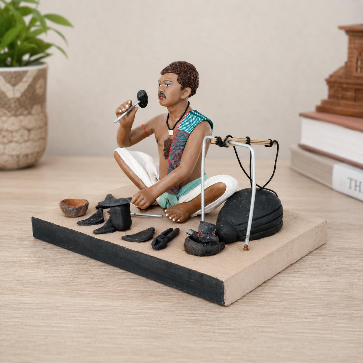 Niharika Krishnanagar Handmade Clay Blacksmith Idol for Home Décor & Gifting, Sitting Human Figure Miniature Showpiece, Multicolour Indian Art Figurine, 15.2 x 10.2 x 10.2 cm-1 Piece