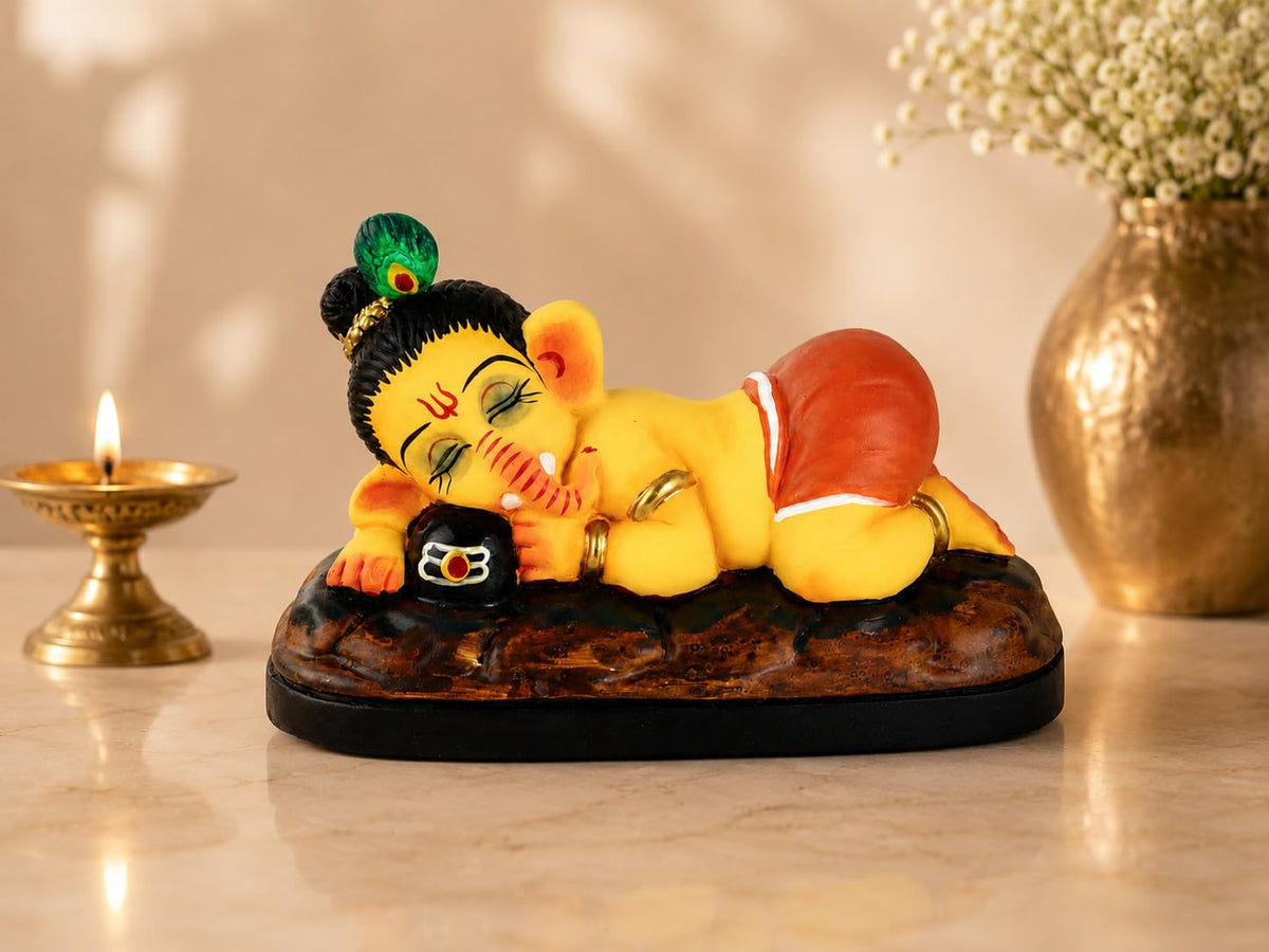 Niharika Collections Handmade Terracotta Sleeping Ganesha Idol Hugging Shivling | Eco-Friendly Clay Idol for Home Decor, Puja & Gift | Traditional Indian Art Figurine
