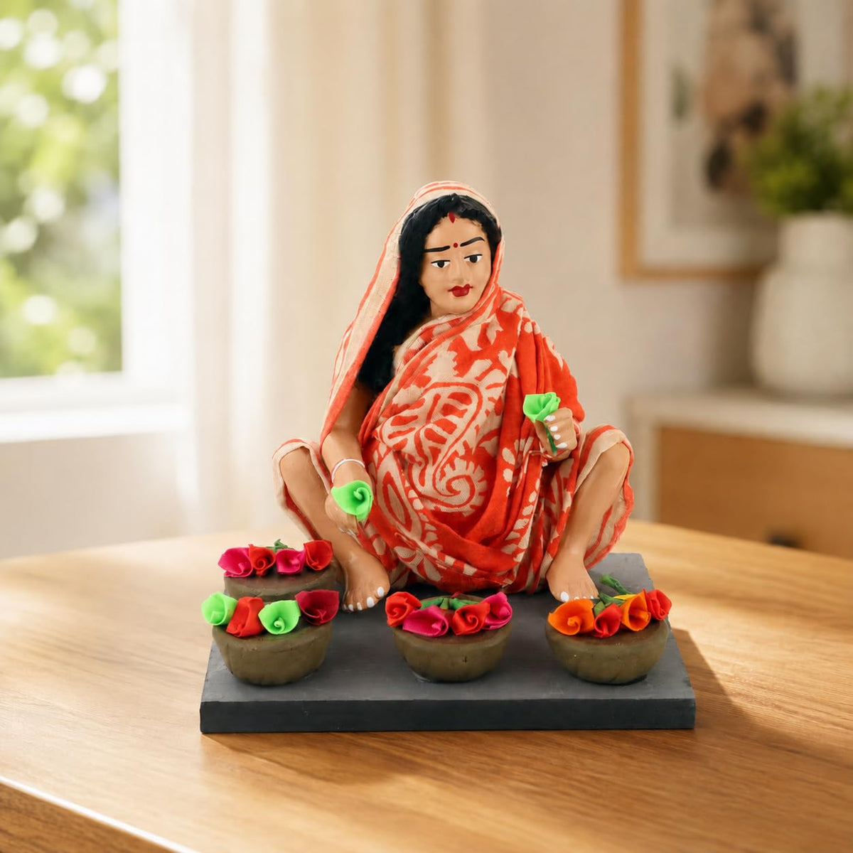 Niharika Collections Krishnanagar Handmade Clay Gift & Décor | Basic- Sitting Human Figure Miniature Idol - Flower Seller