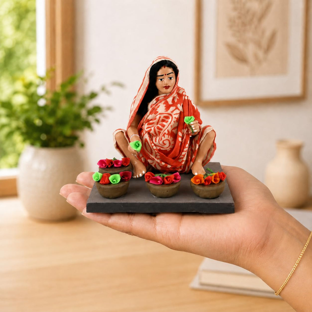 Niharika Collections Krishnanagar Handmade Clay Gift & Décor | Basic- Sitting Human Figure Miniature Idol - Flower Seller
