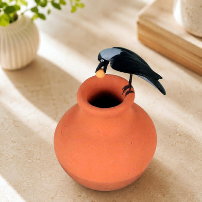 Niharika Collections Traditional Krishnanagar Handmade Clay Thirsty Crow Miniature Figurine | Terracotta Home Decor, Office Desk & Car Dashboard Showpiece
