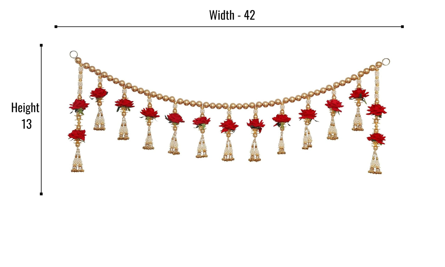 Red Velvet Rose with Pearls Toran for Main Door Entrance, Bandarwal for Festival, Pooja Mandir & Wedding, Handmade Traditional Flower Hanging for Home & Office Decor