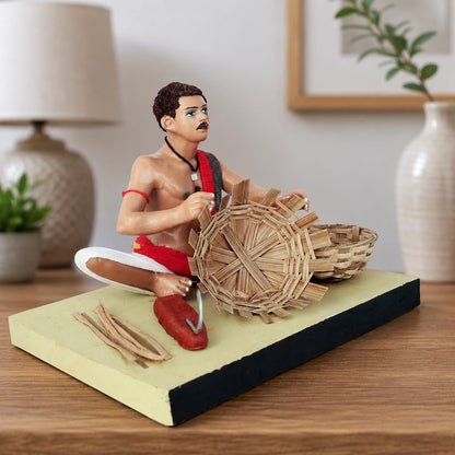 Niharika Collections Krishnanagar Handmade Terracotta Clay Basket Maker Idol, Sitting Human Figure Miniature, Hand-Painted Traditional Indian Art, Home Décor, Golu Display & Gifting, 15 x 12 x 10 cm