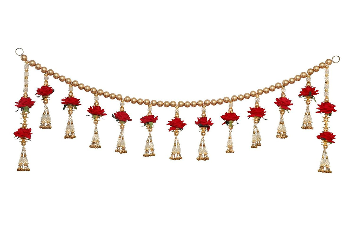 Red Velvet Rose with Pearls Toran for Main Door Entrance, Bandarwal for Festival, Pooja Mandir & Wedding, Handmade Traditional Flower Hanging for Home & Office Decor
