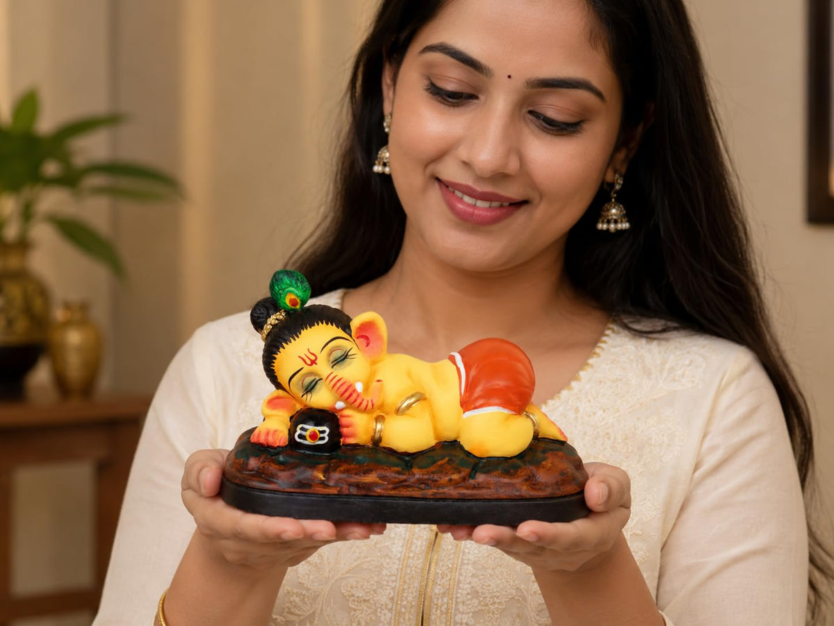 Niharika Collections Handmade Terracotta Sleeping Ganesha Idol Hugging Shivling | Eco-Friendly Clay Idol for Home Decor, Puja & Gift | Traditional Indian Art Figurine