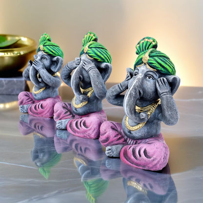 Niharika Collections Handmade Terracotta Ganesha Idol Set of 3 | Meditative Ganesha Figurines with Covered Eyes, Ears & Mouth | Clay Ganesh Murti for Home Temple, Meditation | Green-Purple