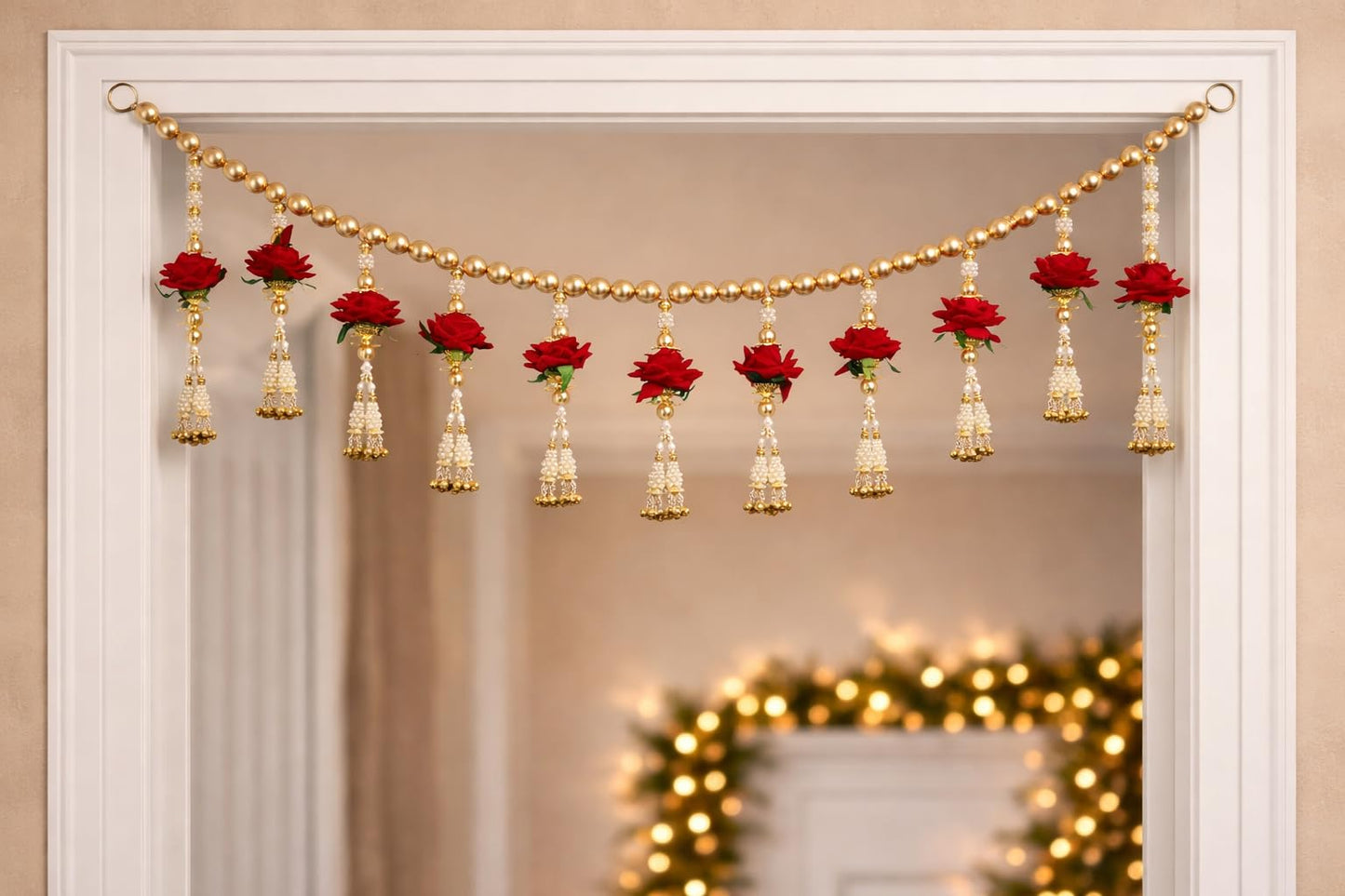 Red Velvet Rose with Pearls Toran for Main Door Entrance, Bandarwal for Festival, Pooja Mandir & Wedding, Handmade Traditional Flower Hanging for Home & Office Decor