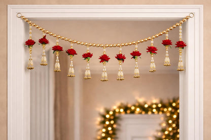 Red Velvet Rose with Pearls Toran for Main Door Entrance, Bandarwal for Festival, Pooja Mandir & Wedding, Handmade Traditional Flower Hanging for Home & Office Decor