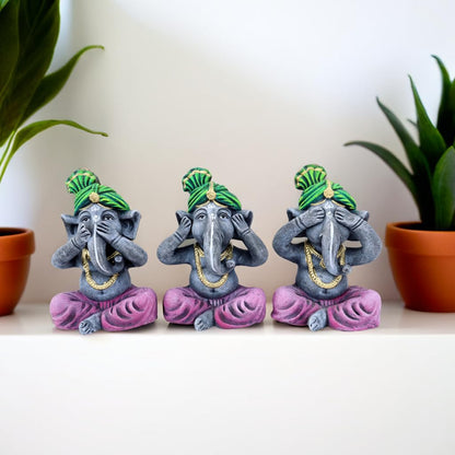 Niharika Collections Handmade Terracotta Ganesha Idol Set of 3 | Meditative Ganesha Figurines with Covered Eyes, Ears & Mouth | Clay Ganesh Murti for Home Temple, Meditation | Green-Purple
